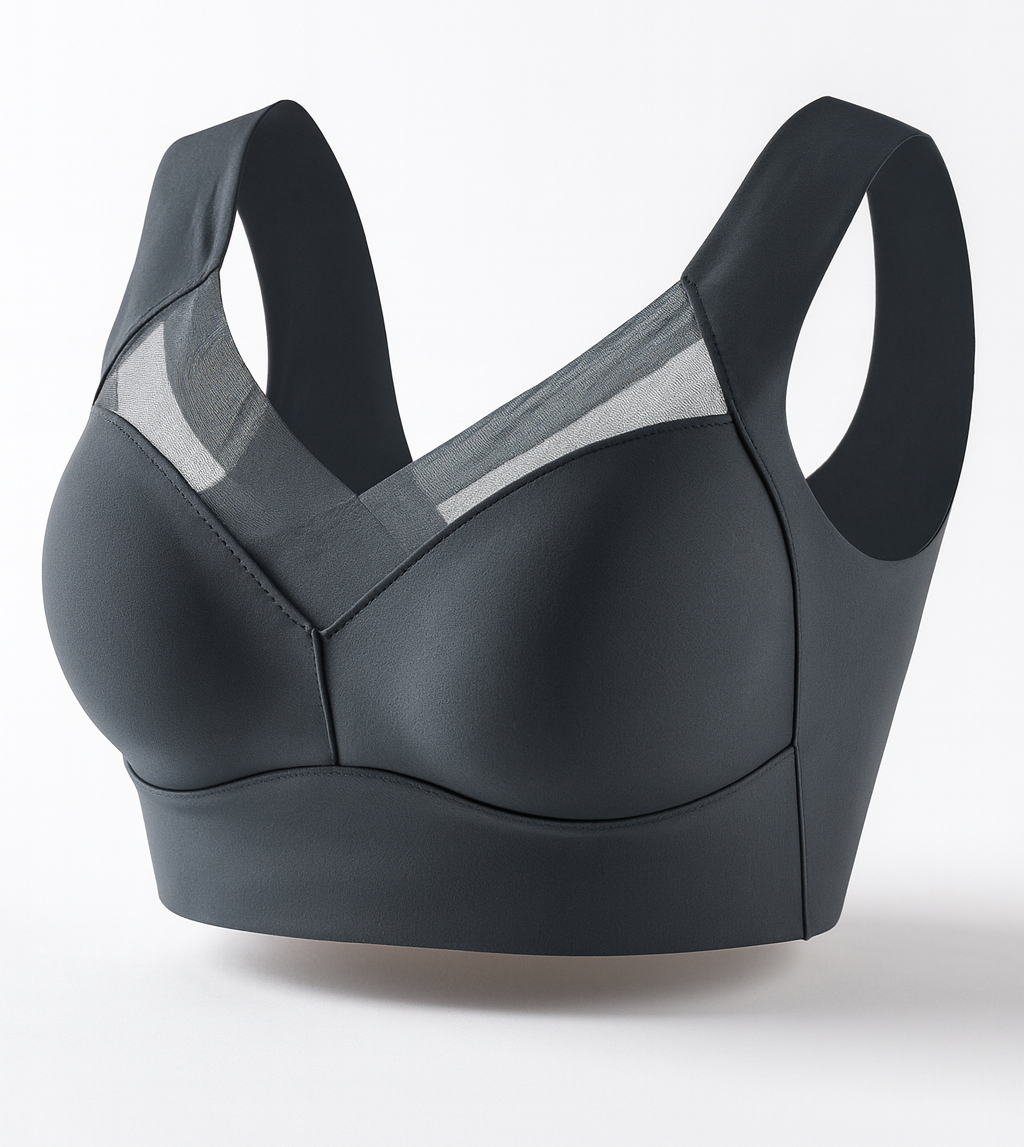 Black sports bra with gray mesh panels on a white background